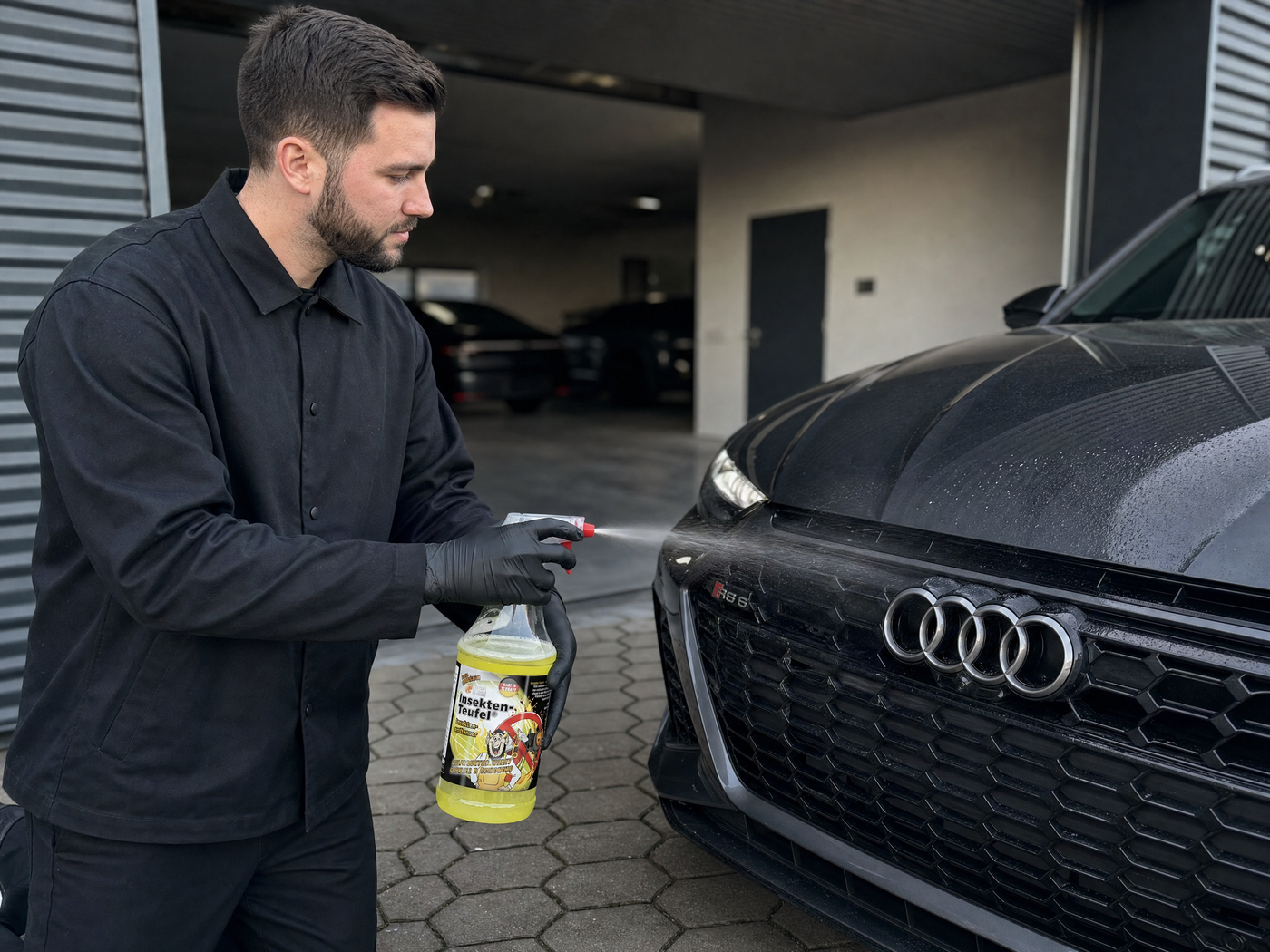 Detailing1 Hero: Insektenentferner — TUGA Insekten-Teufel an Audi-Front (Desktop)