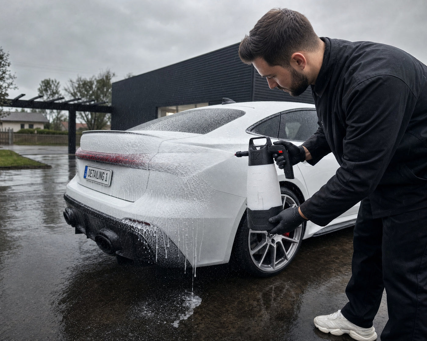 Detailing1 Hero: Schaumsprüher — Vorwäsche bei Regen mit iK e Foam Pro 2 (Desktop)