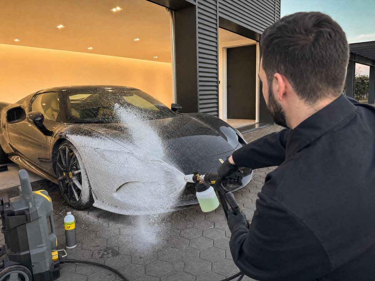 Koch-Chemie Ultra Foam Uf — Anwendung mit Schaumlanze, dichter Schaumteppich am Sportwagen