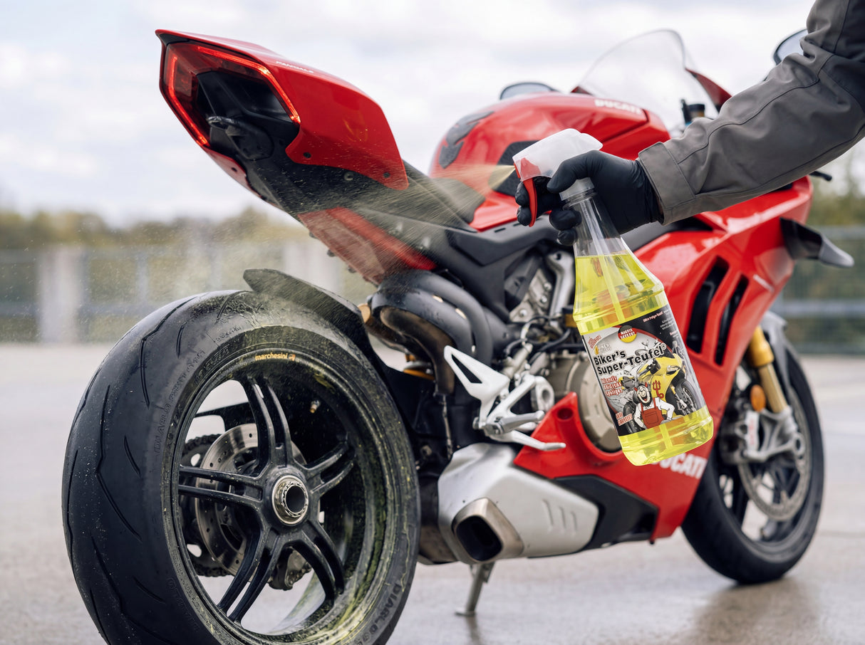 Biker's Super-Teufel wird großflächig auf Ducati Panigale V4 Heckverkleidung und Auspuff aufgesprüht