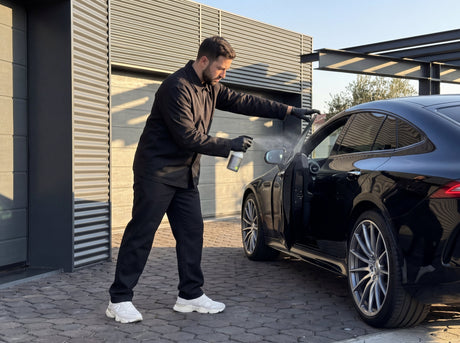Daniel spruetzt Koch-Chemie Mzr in den Tuerfalz des schwarzen Mercedes-AMG GT — Detailing1 Werkstatt
