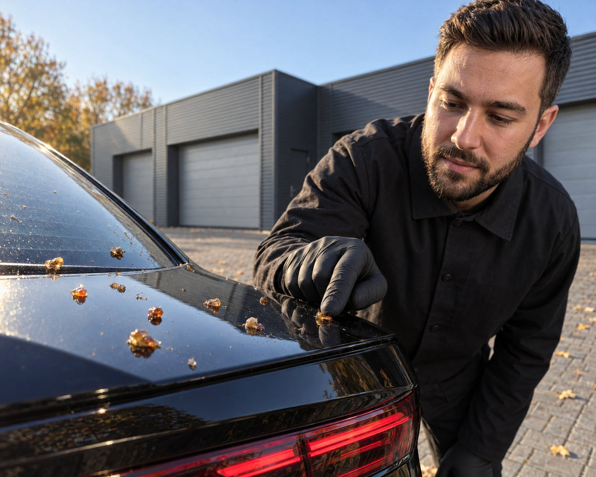 Detailing1 eingetrocknetes Baumharz auf schwarzem Audi RS 5 — Daniel prüft die harten Harztropfen am Heckdeckel