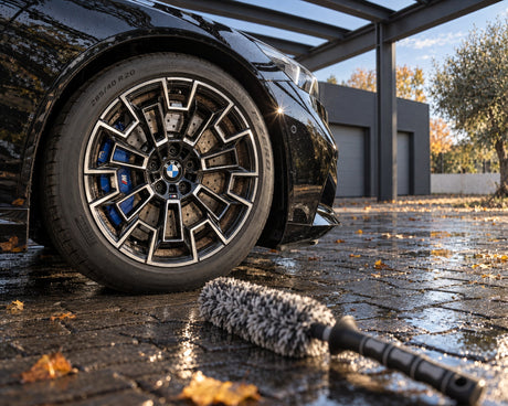 THE COLLECTION Flex Brush microfibre wheel brush on wet pavement in front of a black BMW M5's brake-dust-covered wheel