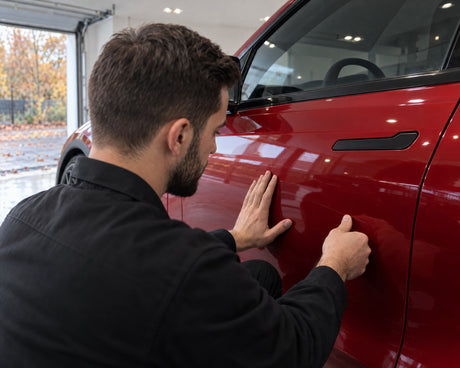 Detailing1 Kratzer wegpolieren — Daniel prüft mit dem Fingernagel einen feinen Kratzer an der roten Tür des Tesla Model Y