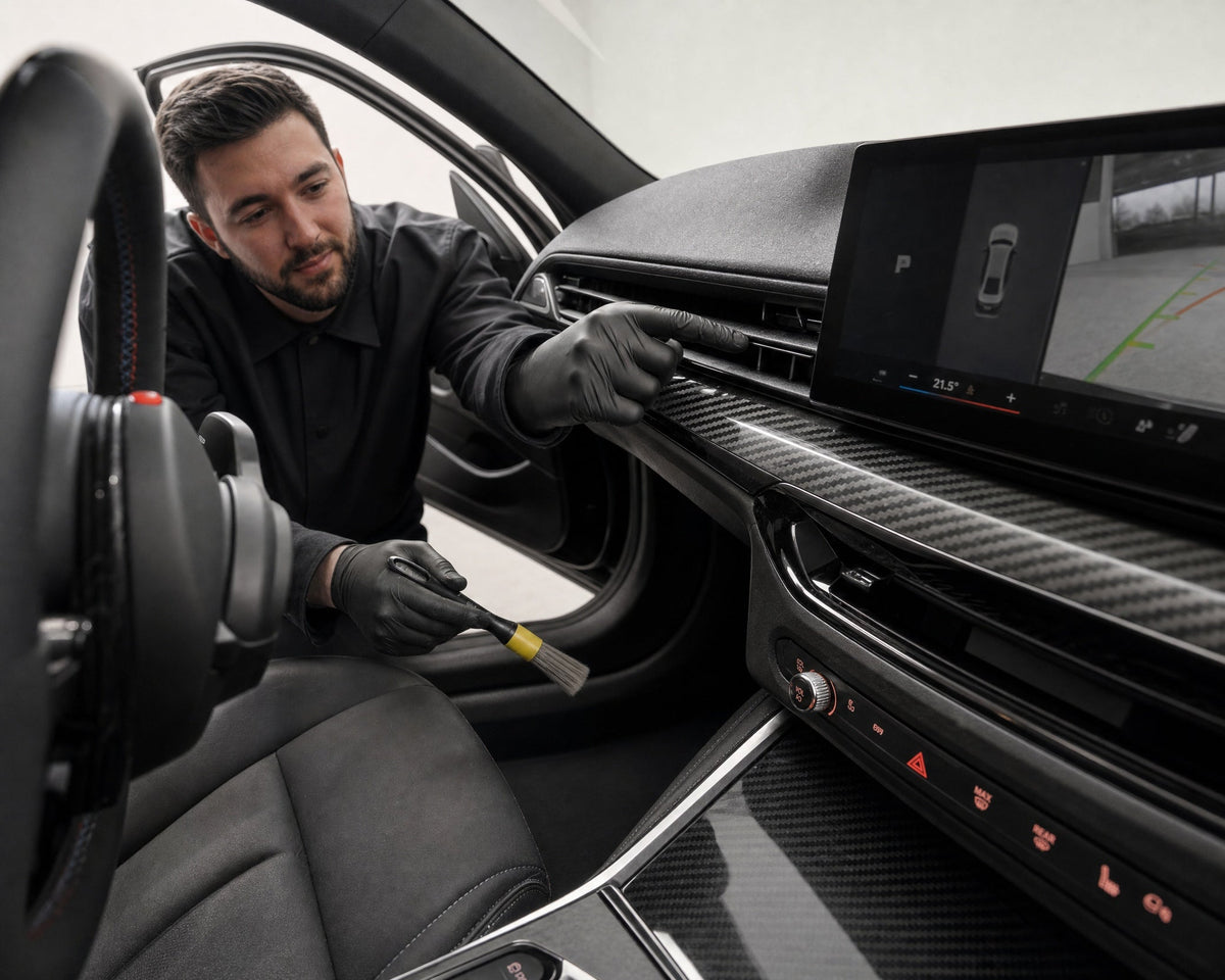 Detailing1 Koch-Chemie Interior Brush "Gelb" — Daniel legt die Staubkante an der Lüftungslamelle des BMW M2 frei