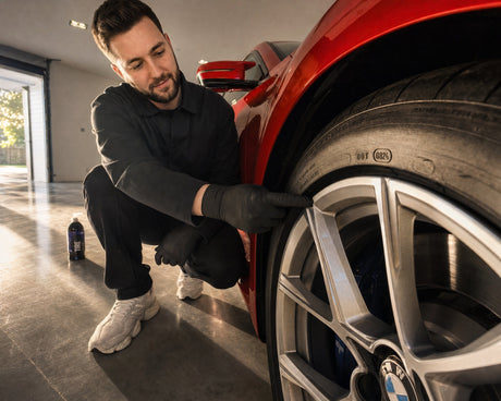 Detailing1 GYEON Q² Tire Ceramic Tire Protecant am Vorderrad des BMW M2, Daniel prüft die DOT-Nummer auf der Reifenflanke