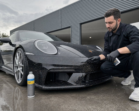 Verschmutzte Front eines schwarzen Porsche 911 vor der Vorwäsche mit Koch-Chemie Gentle Snow Foam Gsf 1 Liter