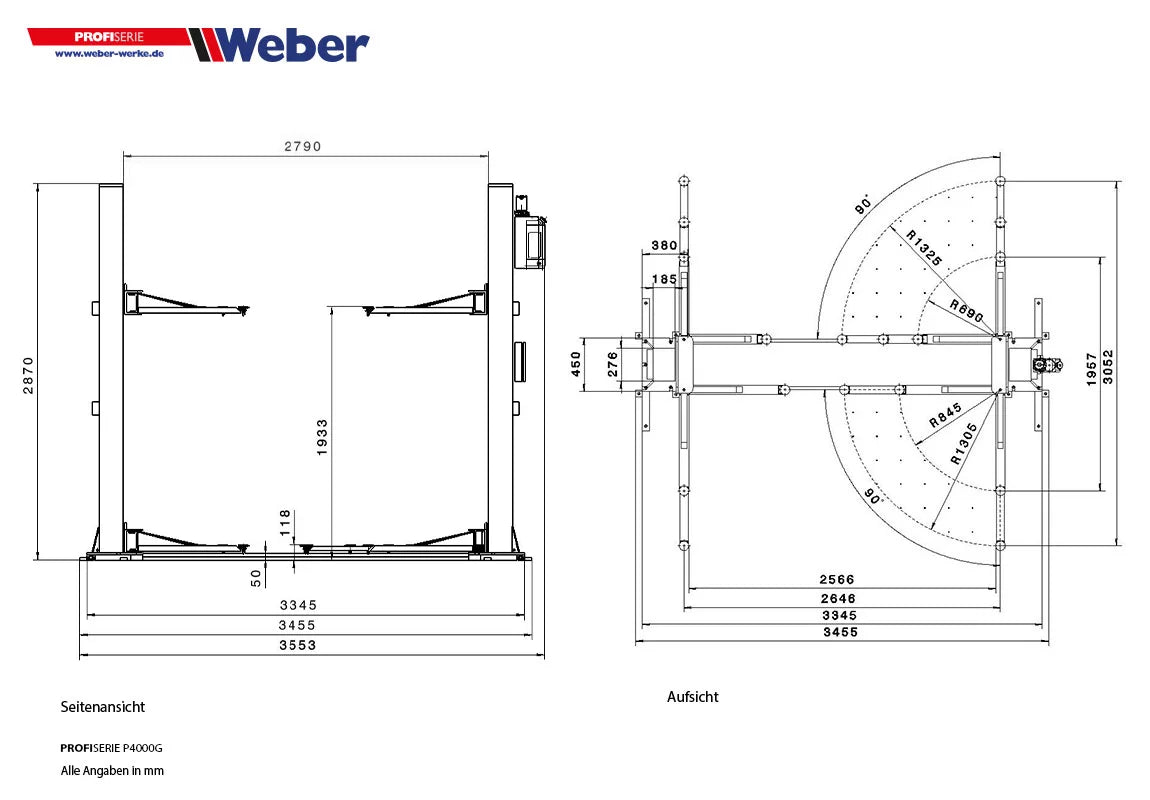 2-Säulen Hebebühne "P4000G" Weber-Profi-Serie