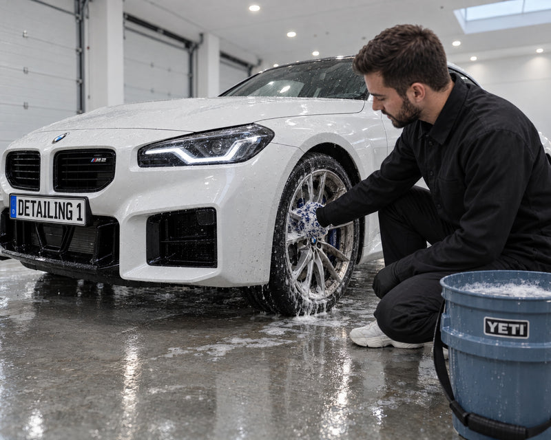 Detailing1 GYEON Q²M WheelMitt EVO: Felgenhandschuh mit Eimer an der Felge des BMW M2 (Desktop)
