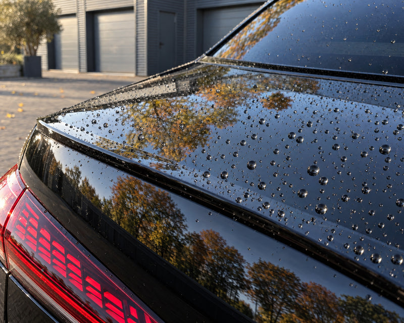 Detailing1 Ergebnis am schwarzen Audi RS 5 — Heckdeckel ohne Harzflecken, versiegelt mit stehenden Wasserperlen