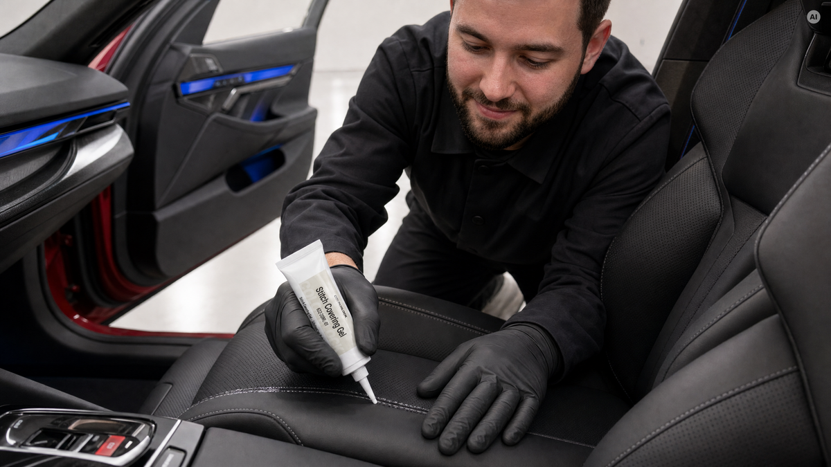 Schutzgel wird auf die Ziernaht im Ledersitz gelegt — Nahtschutz von COLOURLOCK bei Detailing1