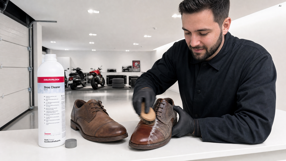 Brauner Lederschuh wird auf der Werkbank gebürstet — Lederschuh-Reiniger von COLOURLOCK bei Detailing1
