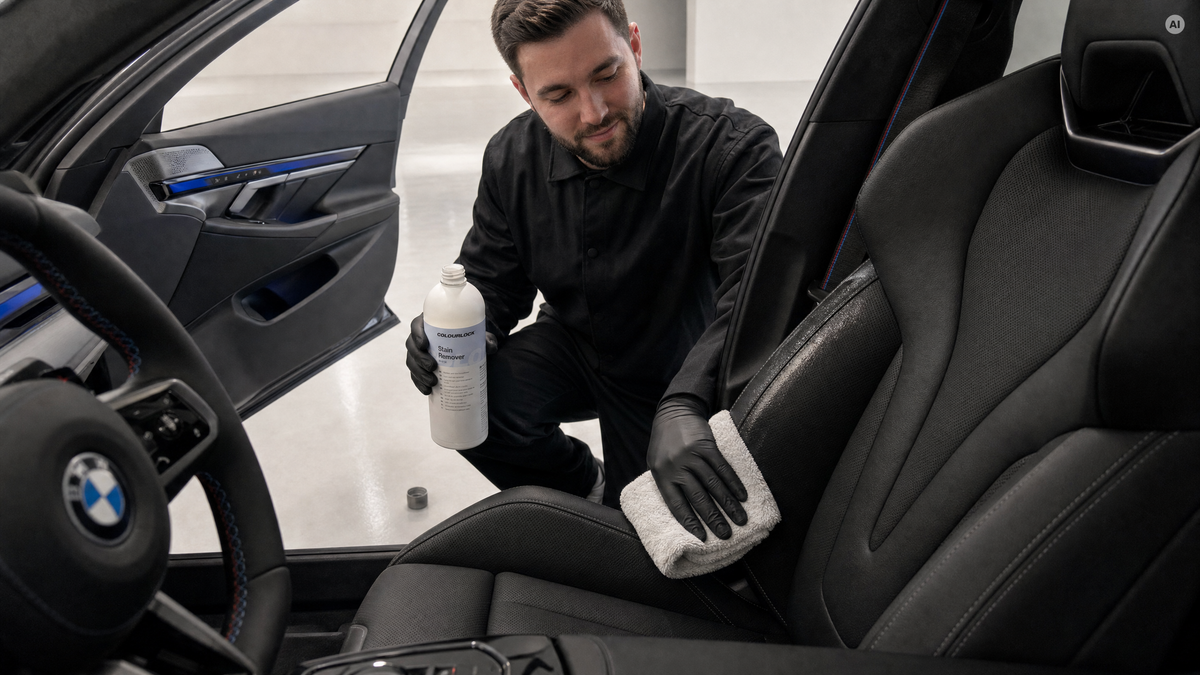Wachsrückstände werden vom Ledersitz gelöst — Wachs- & Fleckenentferner von COLOURLOCK bei Detailing1