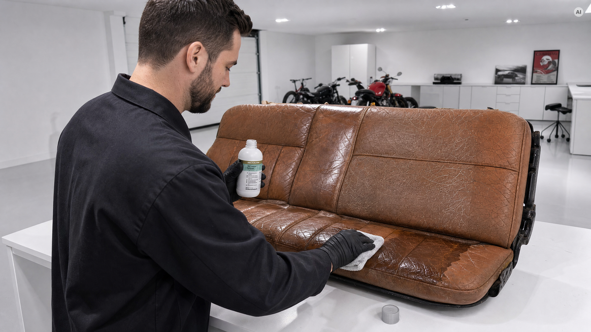 Weichmacher-Auftrag auf brettharter Oldtimer-Sitzbank — Leder-Weichmacher von COLOURLOCK bei Detailing1