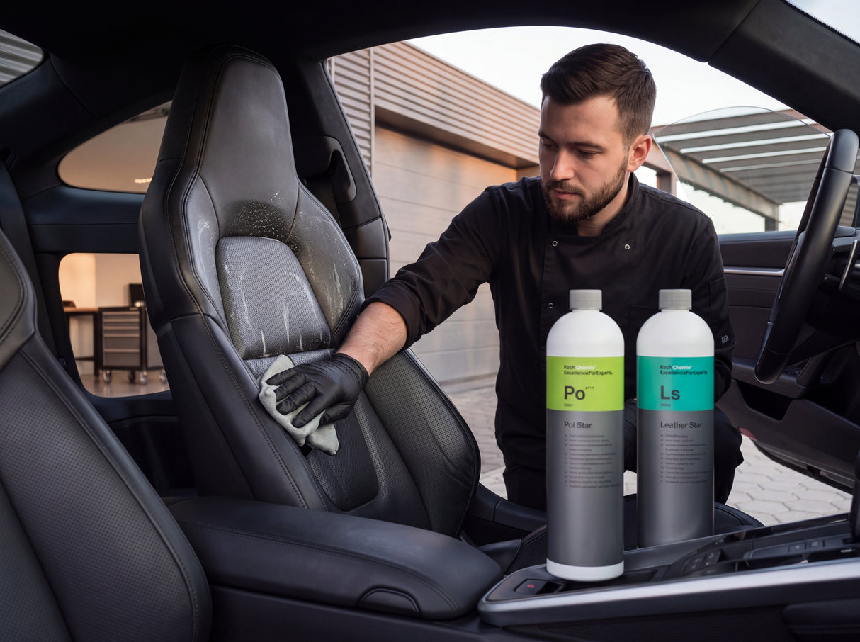 Workflow Koch-Chemie Pol Star Po und Leather Star Ls bei Innenraum-Reinigung Porsche 911