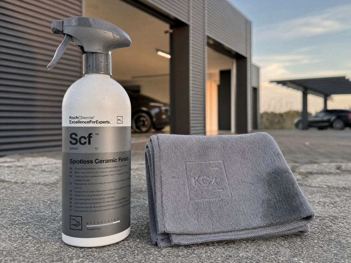 Koch-Chemie Spotless Ceramic Finish 500 ml mit Coating Towel auf Pflaster im Werkstatt-Hof