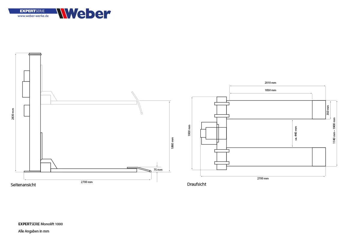 "Monolift 1000" 1-Säulen Hebebühne Weber-Expert-Serie bis 1000kg